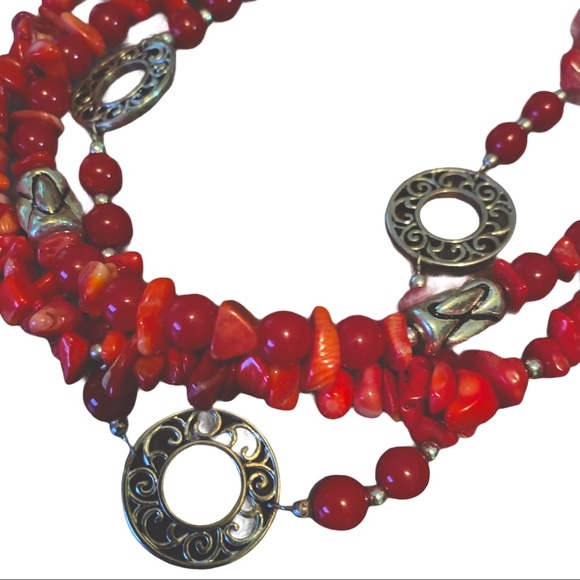 1990’s Vintage Triple Strand Red and Silver Beaded Necklace - Picture 2 of 4